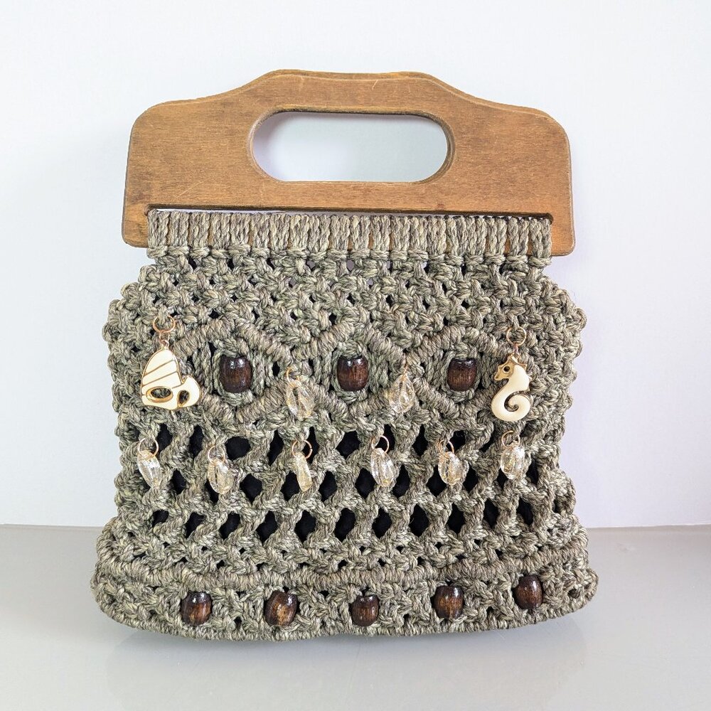 Vintage Taupe Macrame Bag Double Wooden Handle Upcycled Jewelry Charms Shells